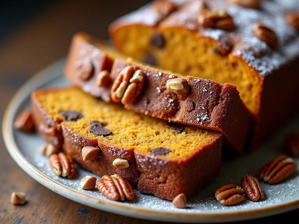 Pumpkin loaf cake slice with pecans and powdered sugar