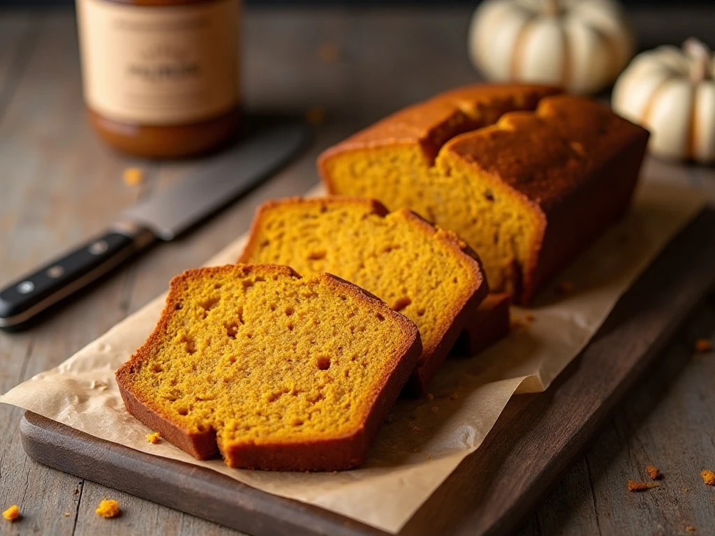 Clean slices of moist pumpkin loaf cake ready to serve