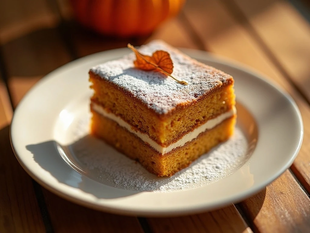 Three-layer pumpkin magic cake slice dusted with powdered sugar