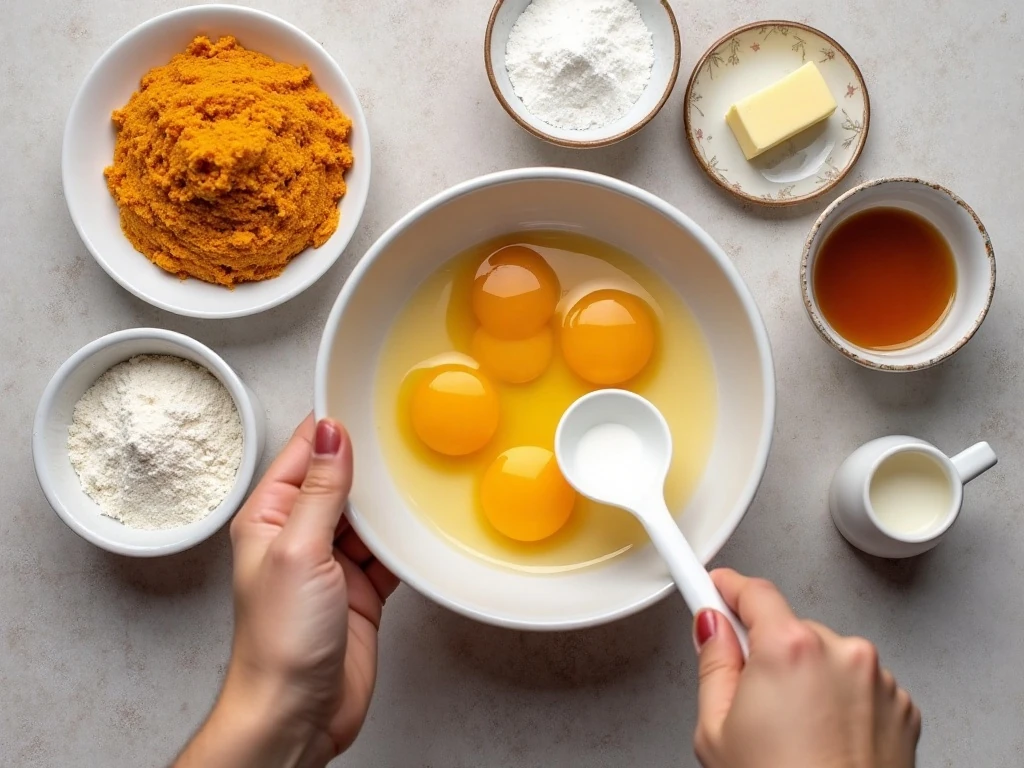 Ingredients for easy pumpkin magic cake arranged for baking