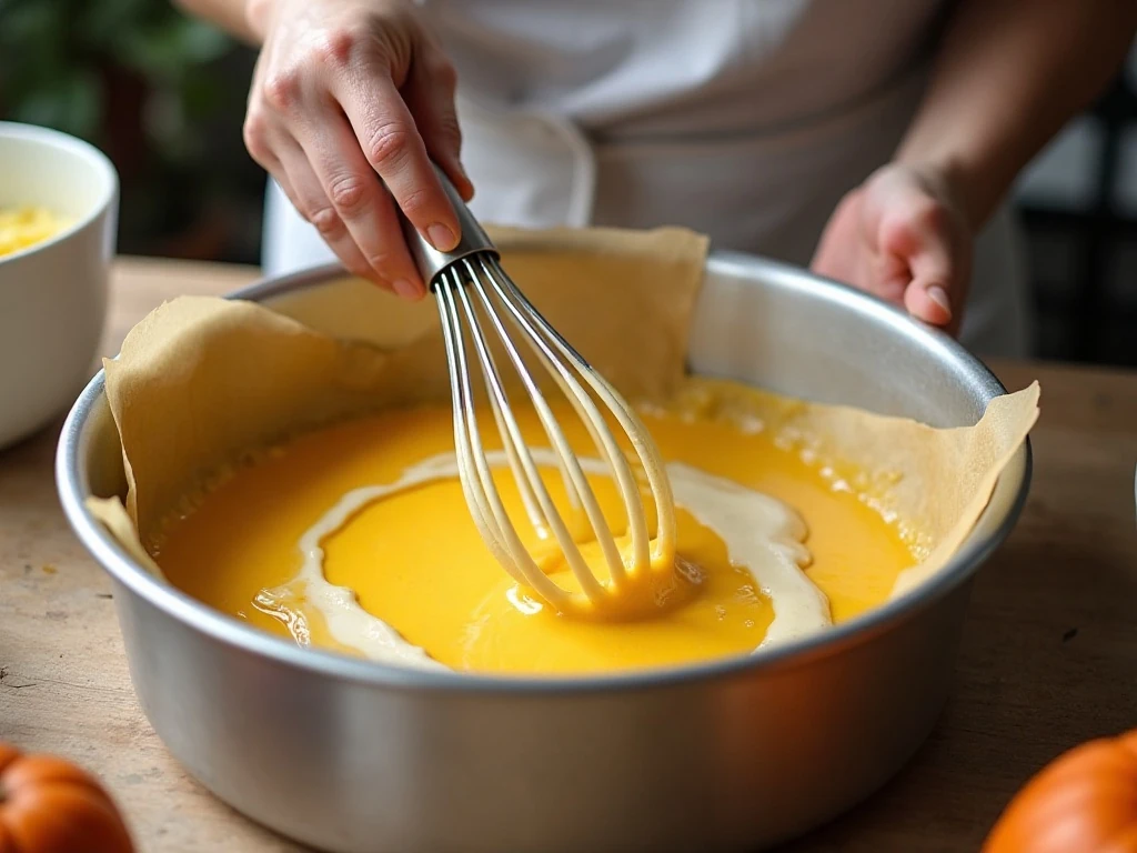 Folding whipped egg whites into pumpkin magic cake batter