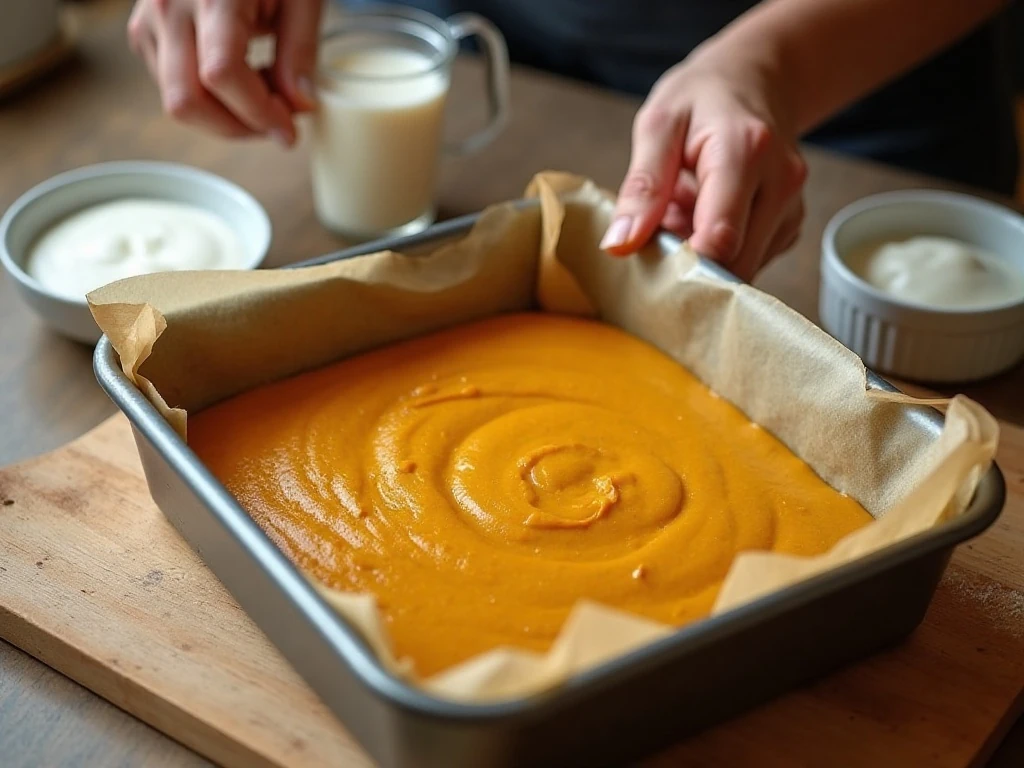Thin pumpkin magic cake batter in a parchment-lined square pan