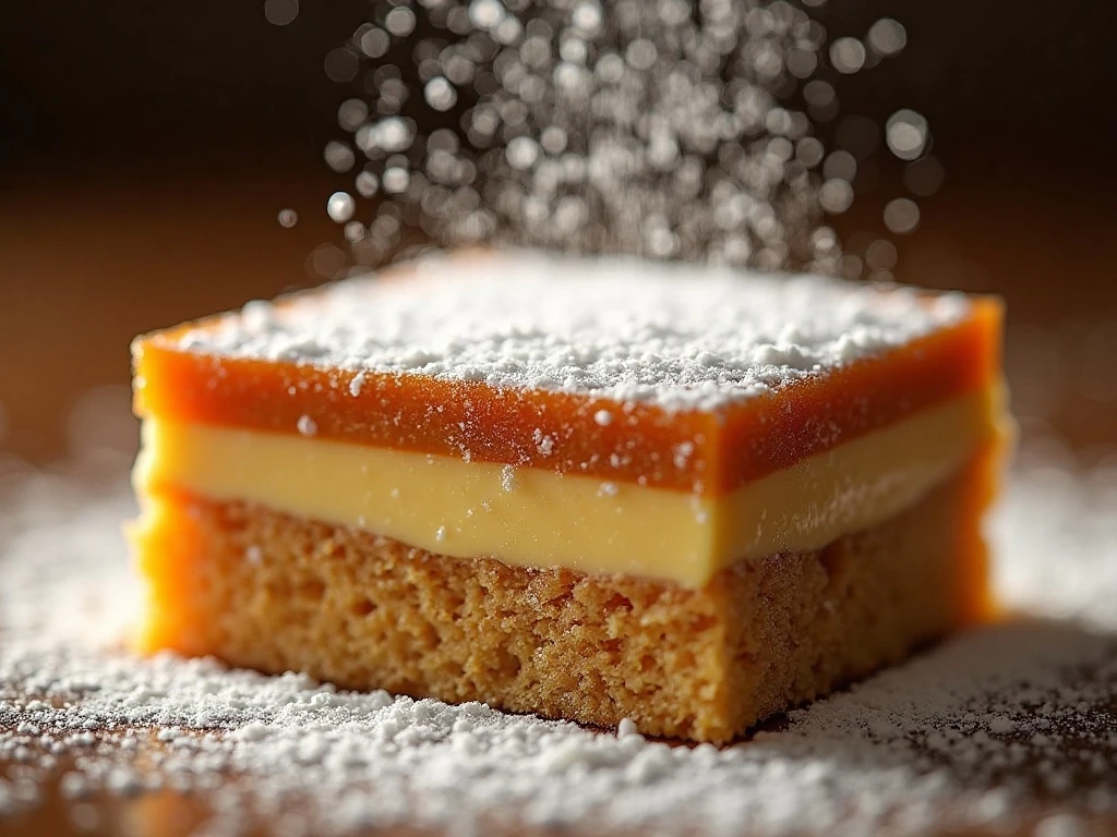 Powdered sugar topping on a pumpkin magic cake slice