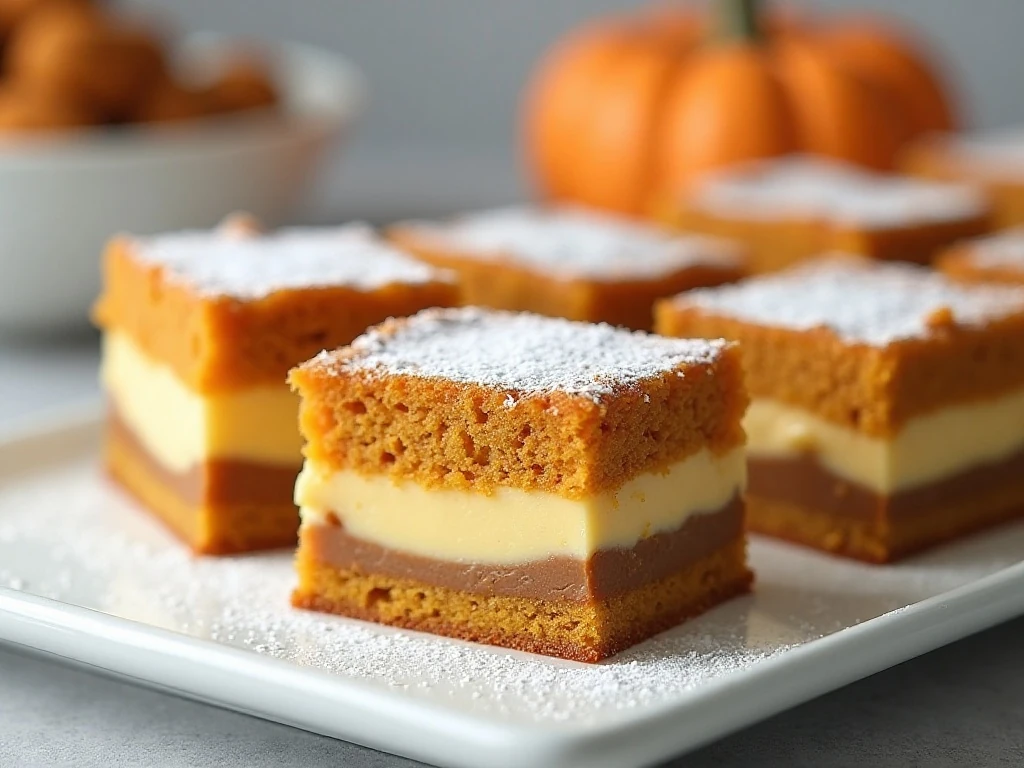 Neat chilled slices showing the layers of pumpkin magic cake