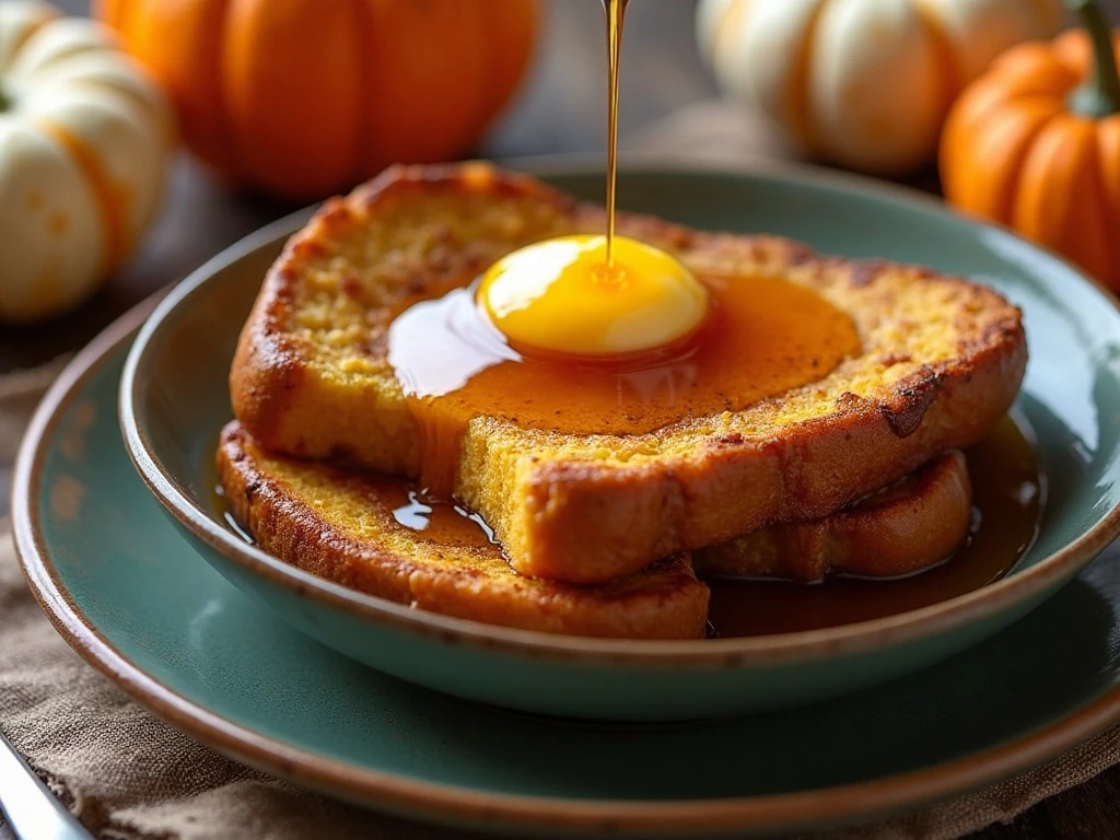 Pumpkin maple crockpot French toast served warm with maple syrup