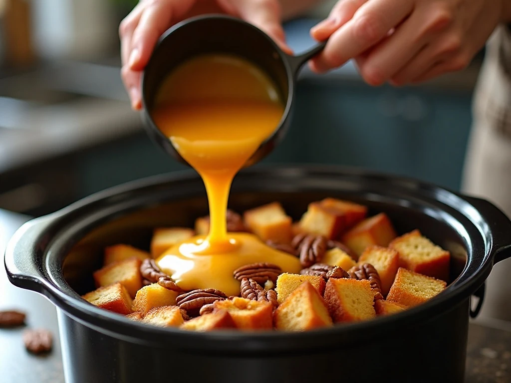 Pouring pumpkin custard over bread for crockpot French toast