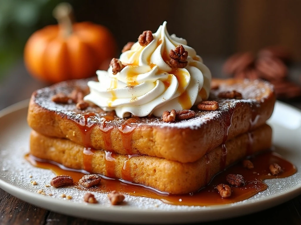 Pumpkin French toast with whipped cream pecans and maple syrup