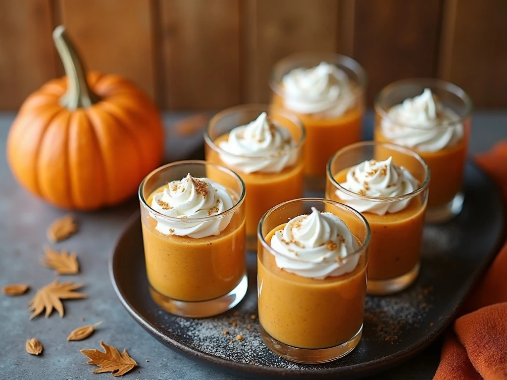 Individual glasses of pumpkin mousse topped with maple whipped cream