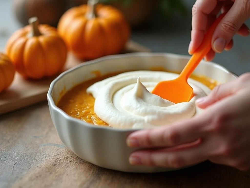 Folding whipped cream into cooled pumpkin mixture