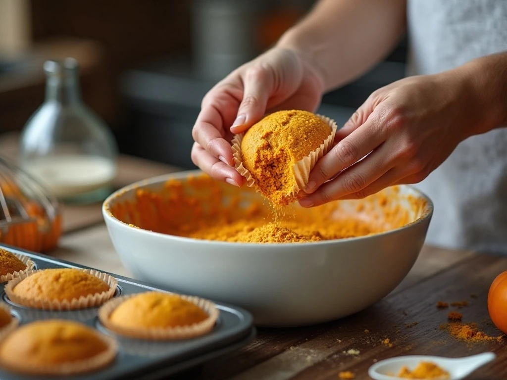 Folding pumpkin muffin batter before baking
