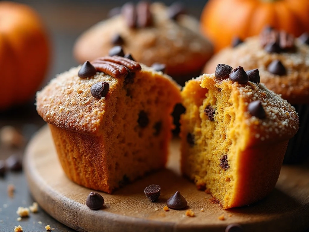 Pumpkin muffins with pecans chocolate chips and coarse sugar