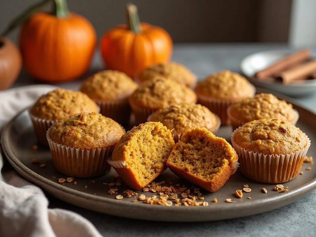 Healthy pumpkin oatmeal muffins arranged on a breakfast platter