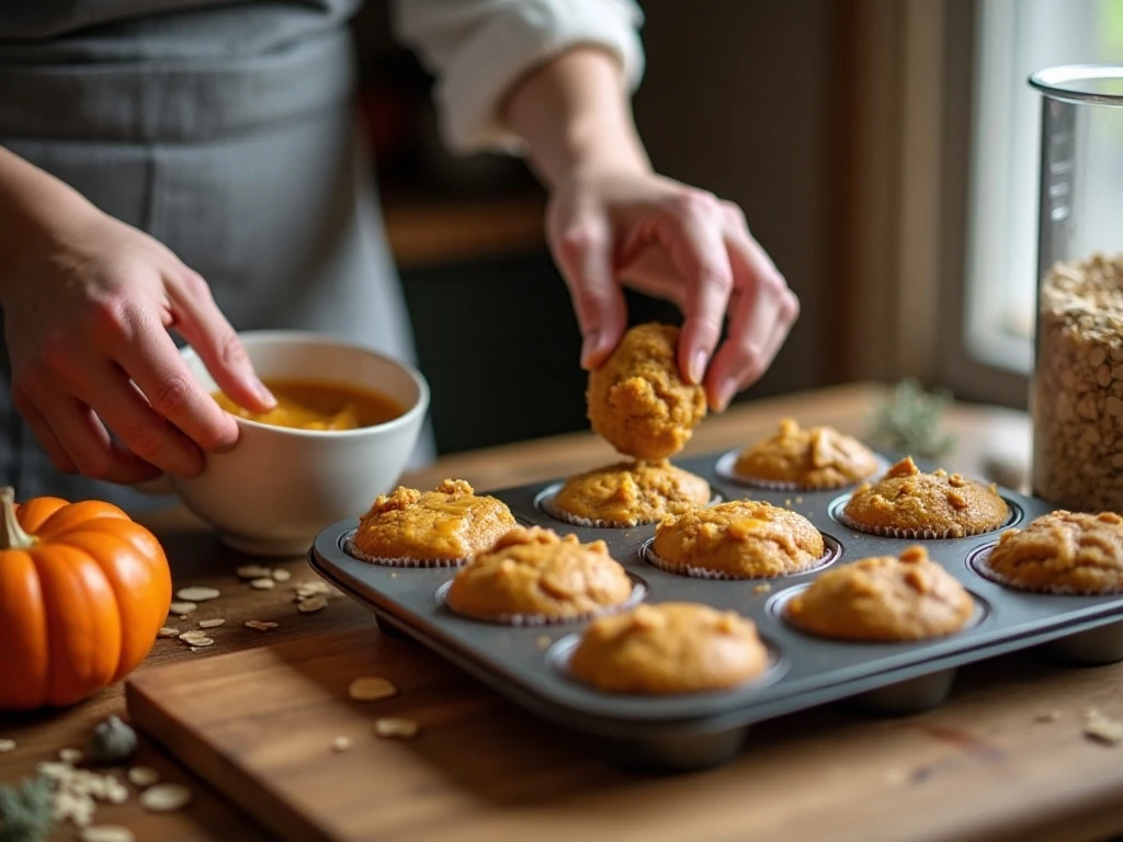 Preparing pumpkin oatmeal muffin batter with ground and whole oats