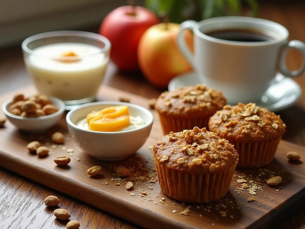 Pumpkin oatmeal muffins served with yogurt fruit and coffee