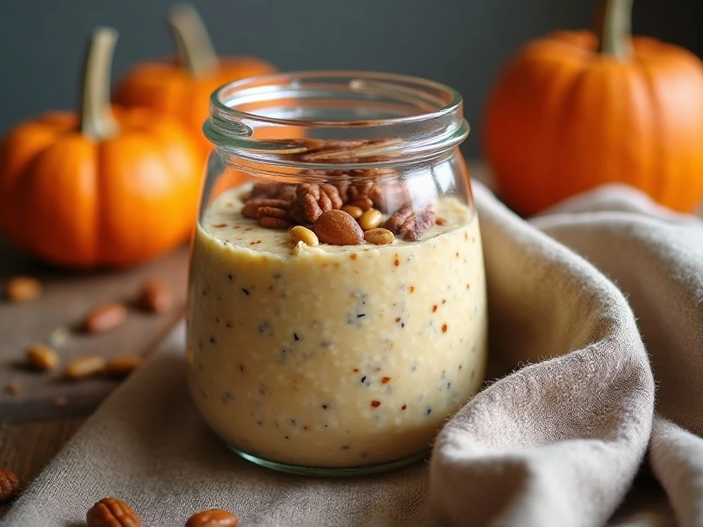 Creamy pumpkin overnight oats in a glass jar with autumn toppings
