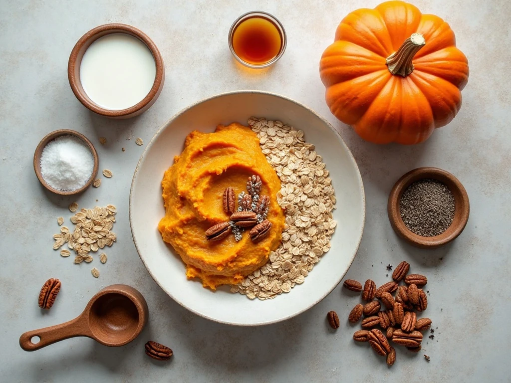 Ingredients for easy pumpkin overnight oats arranged in a flat lay