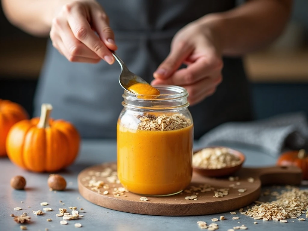 Pumpkin overnight oats mixture being stirred in a jar