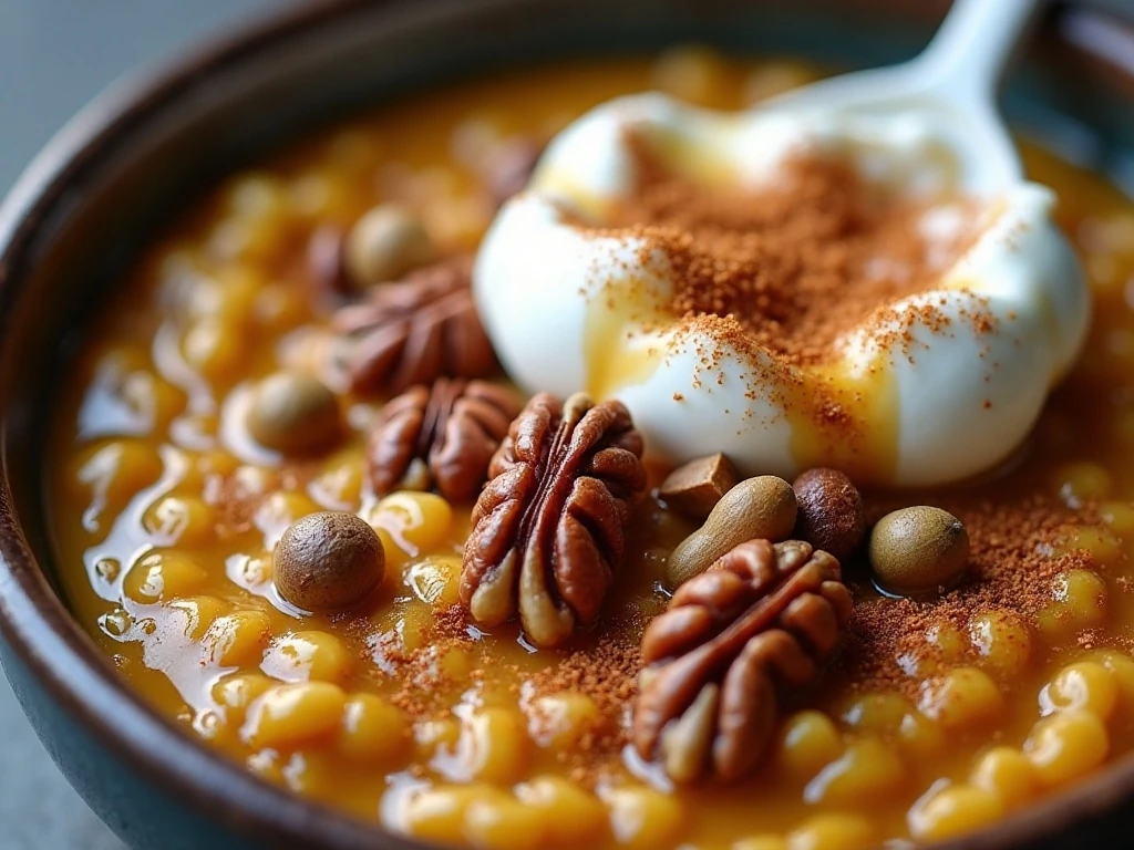 Pumpkin overnight oats topped with pecans pepitas yogurt and maple syrup