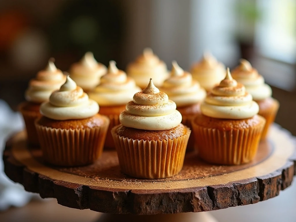 Pumpkin pie cupcakes with cream-cheese frosting arranged on a cake stand