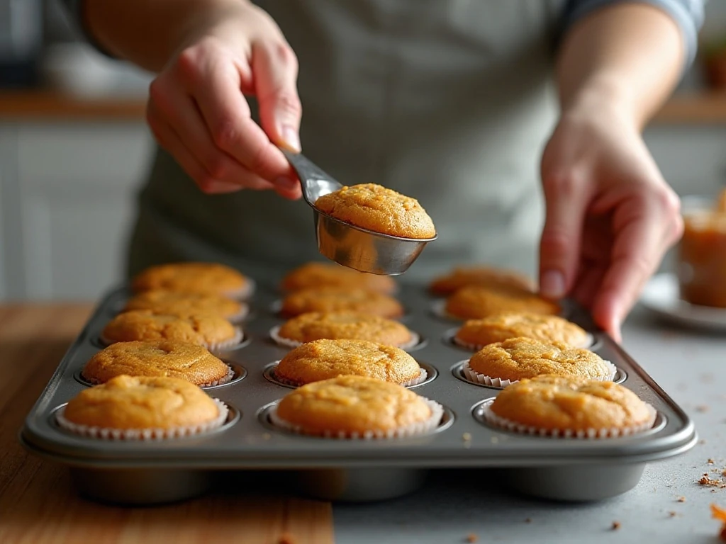 Portioning pumpkin cupcake batter into a lined muffin pan