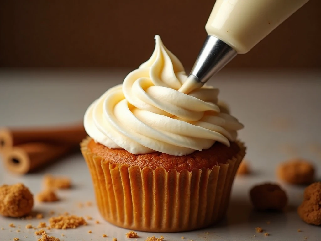 Cream-cheese frosting piped onto a pumpkin cupcake with fall garnishes