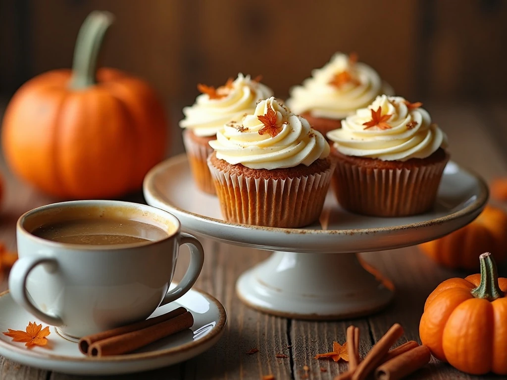 Pumpkin pie cupcakes served on a cozy fall dessert table