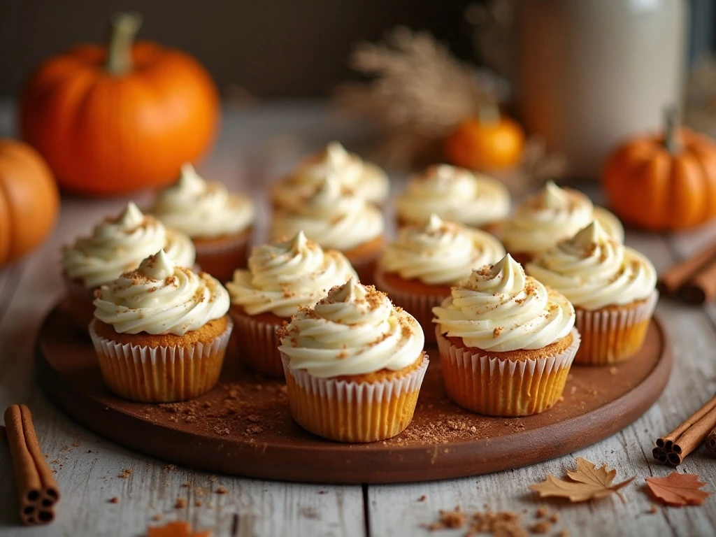 Pumpkin pie cupcakes with cream-cheese frosting arranged for a fall dessert table