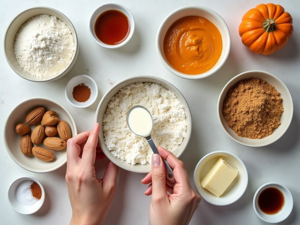 Measured ingredients for homemade pumpkin pie cupcakes and cream-cheese frosting