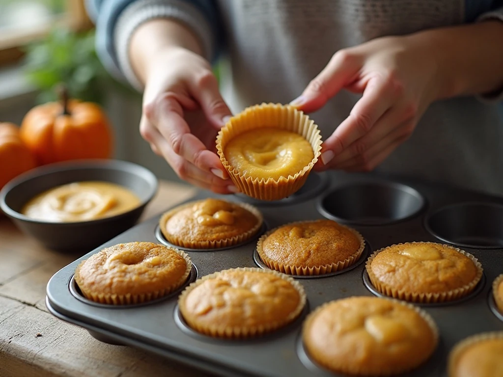 Pumpkin cupcake batter portioned into paper-lined muffin cups