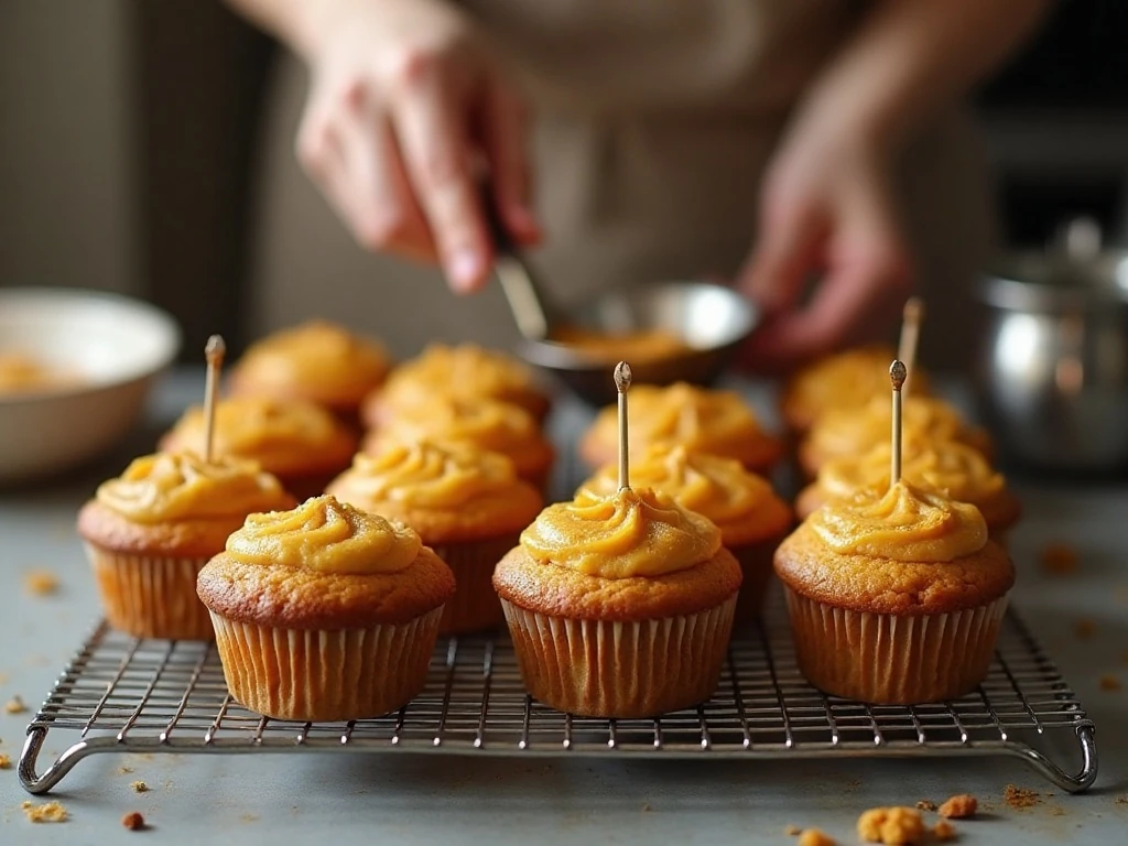 Freshly baked pumpkin cupcakes cooling on a wire rack