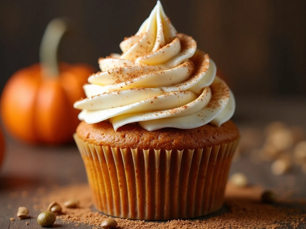 Close-up pumpkin cupcake with cinnamon-dusted cream-cheese frosting