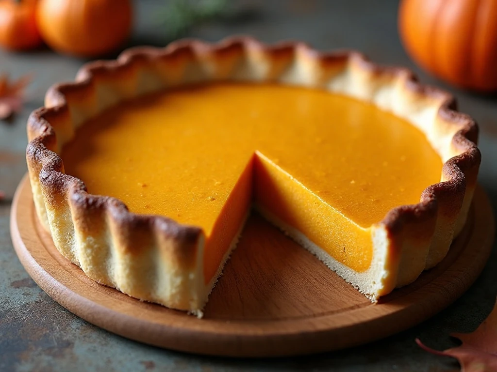 Homemade pumpkin pie with a flaky crust and creamy spiced filling