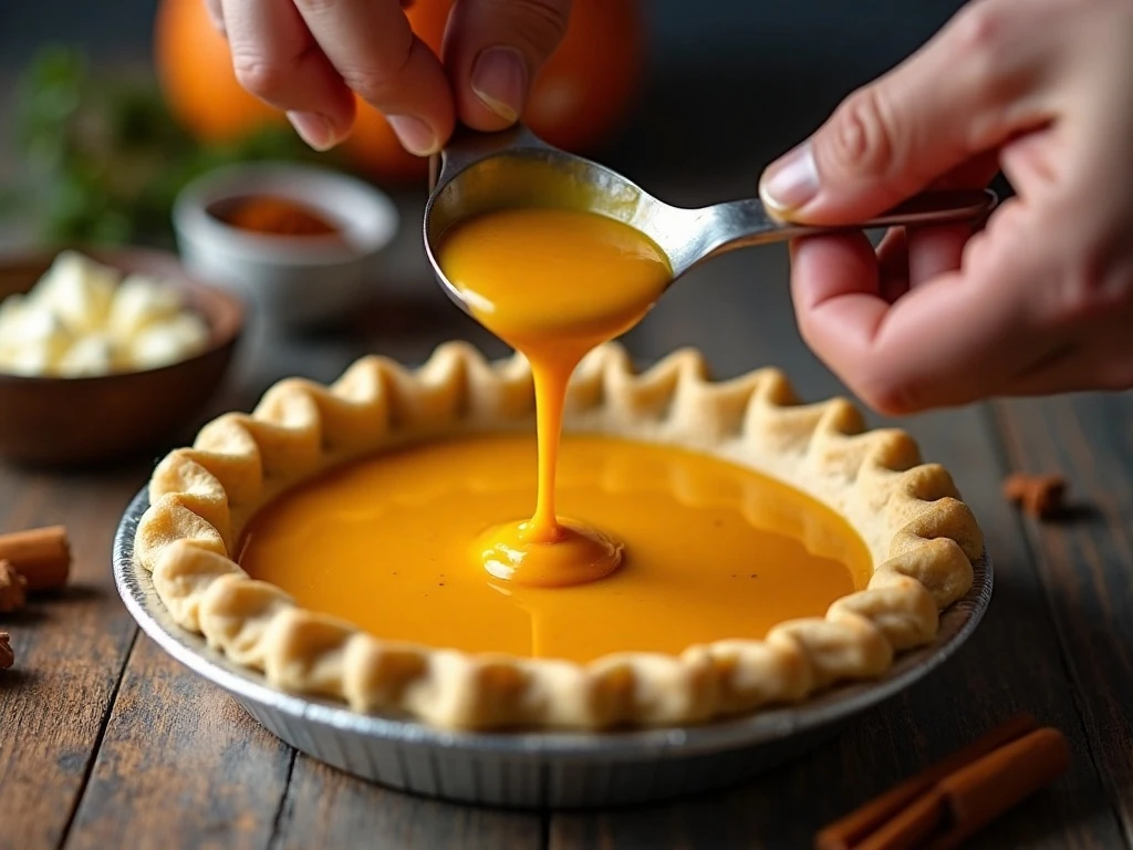 Pouring smooth pumpkin custard into an unbaked pie crust