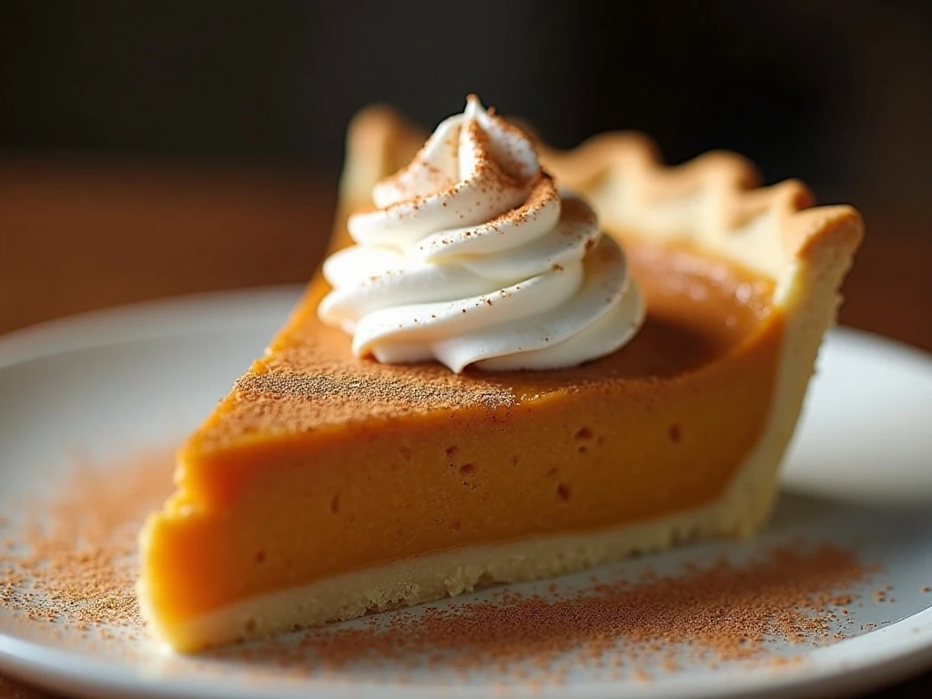 Pumpkin pie slice topped with whipped cream and cinnamon