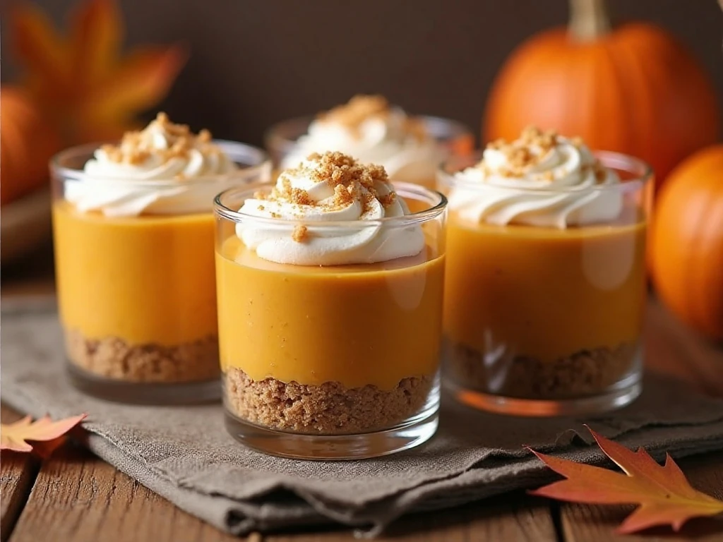 Six creamy pumpkin pie parfaits with graham cracker layers and whipped topping