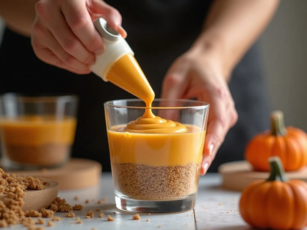 Piping creamy pumpkin filling into a parfait glass for clean layers