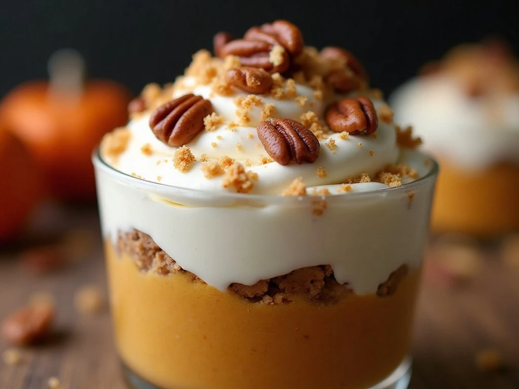 Pumpkin pie parfait topped with whipped topping pecans and graham crumbs