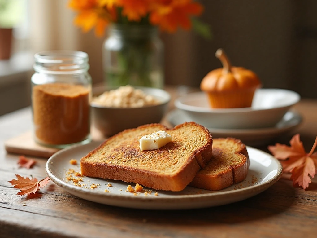 Pumpkin pie spice sugar served with toast, oatmeal, and a muffin