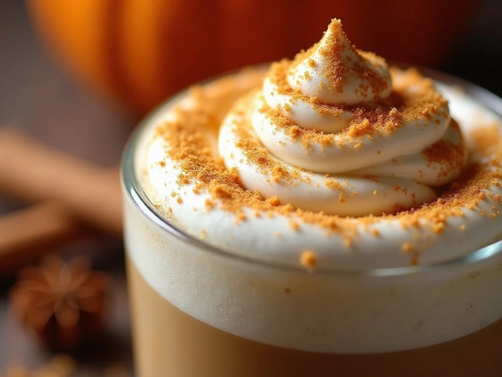 Pumpkin pie spice sugar on whipped cream and a dessert drink