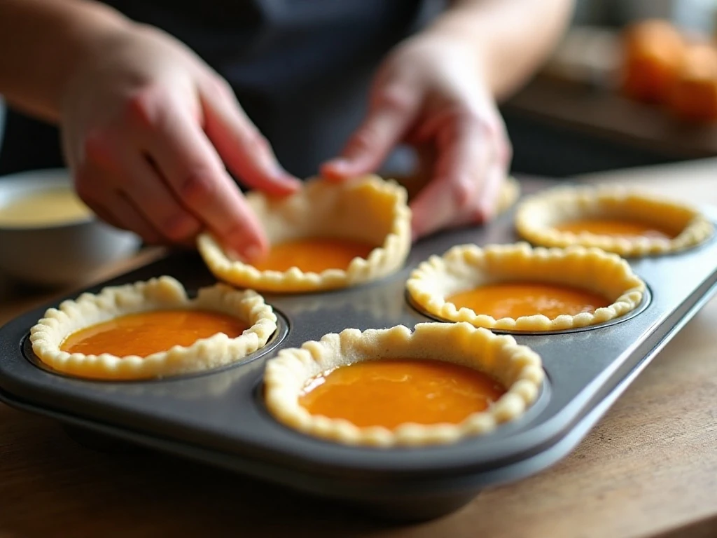 Pie crust rounds pressed into a muffin tin for mini pumpkin pies