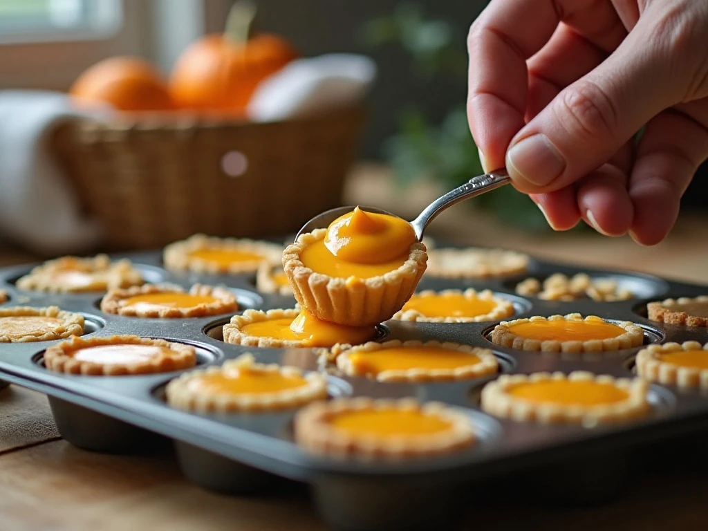Filling chilled mini pie crusts with pumpkin custard