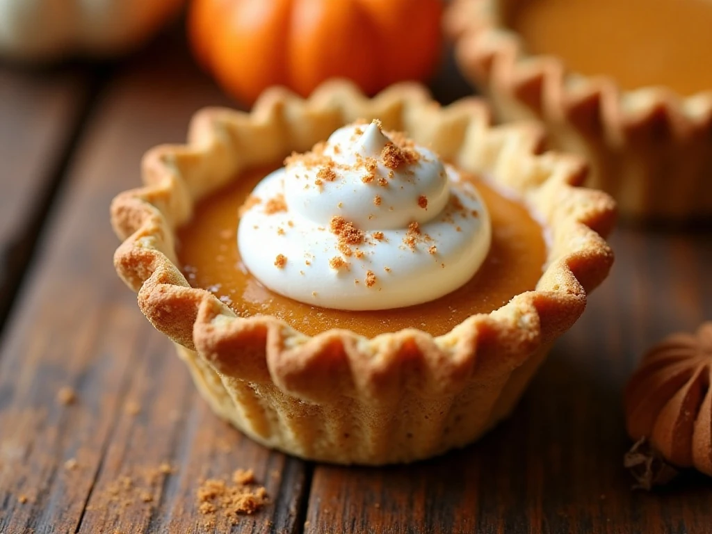 Mini pumpkin pie topped with whipped cream and ready to serve
