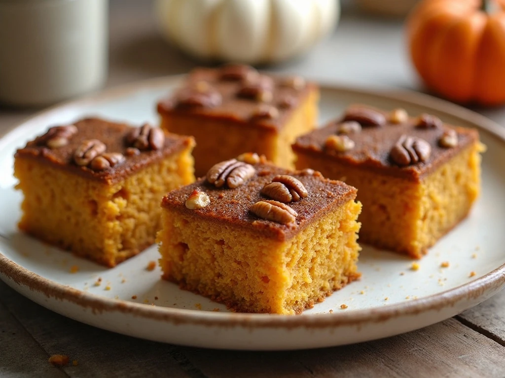 Slices of pumpkin praline cake with a golden pecan topping
