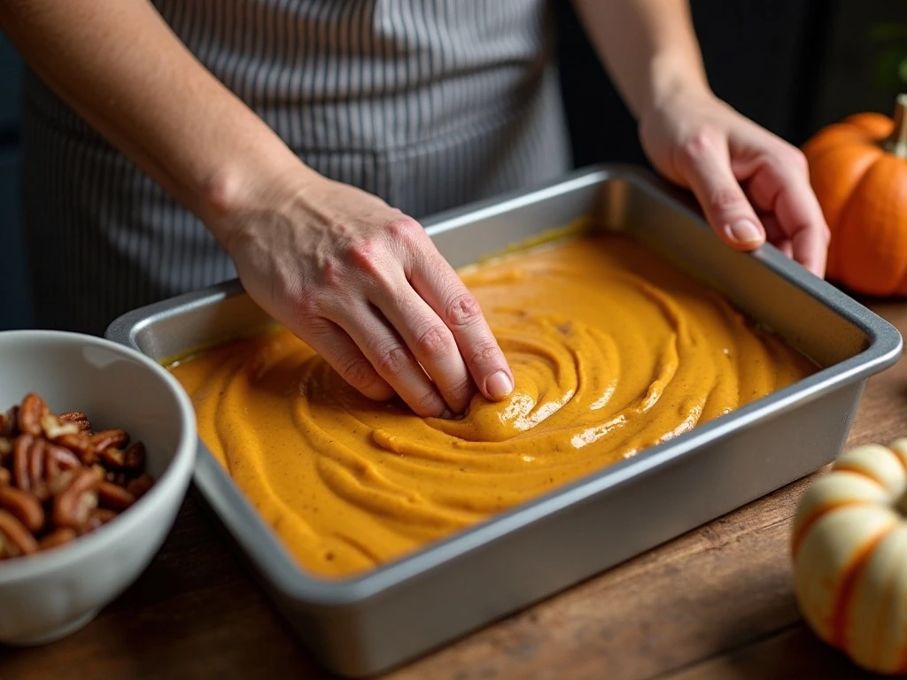 Pumpkin cake batter being spread in a baking pan