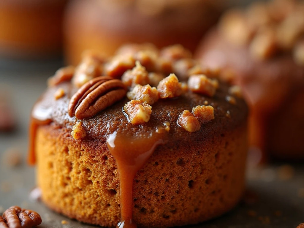 Close-up of the pecan praline topping on pumpkin cake