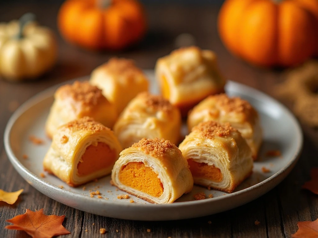 Golden pumpkin puff pastry bites arranged on a fall appetizer platter