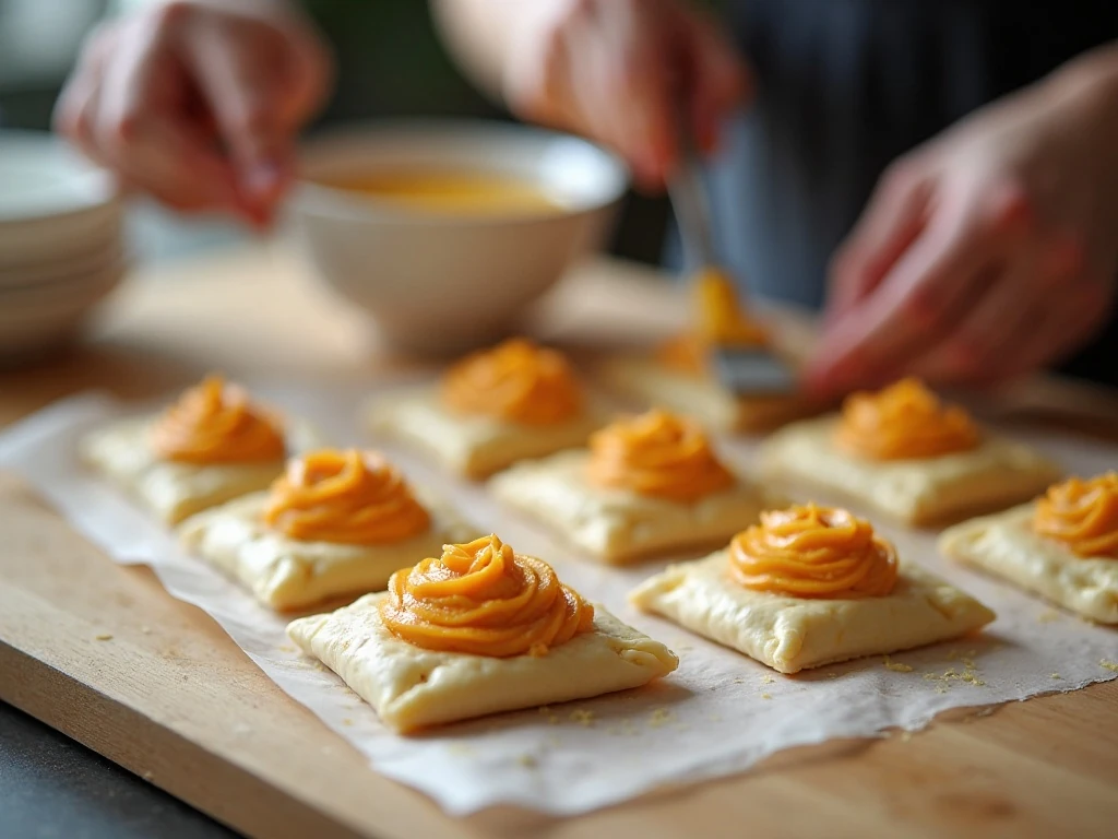 Filling and folding pumpkin puff pastry squares