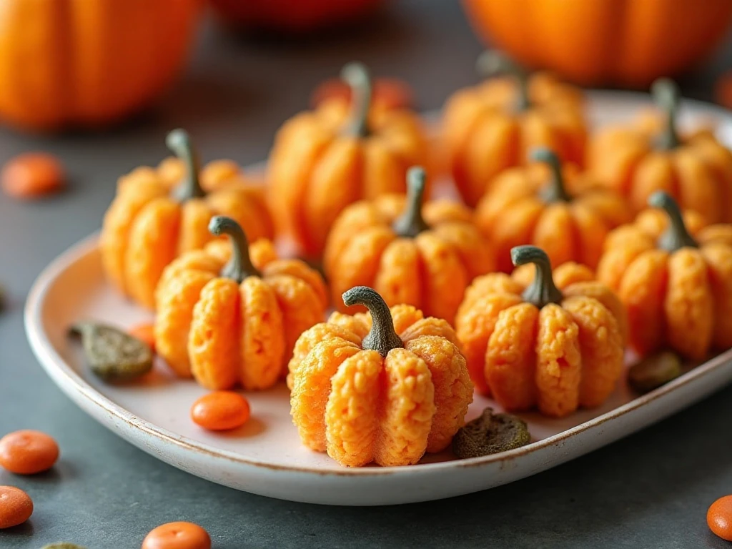 Pumpkin-shaped Rice Krispie treats arranged on a fall dessert platter