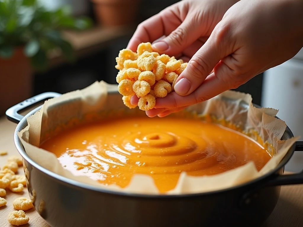 Folding rice cereal into orange melted marshmallows