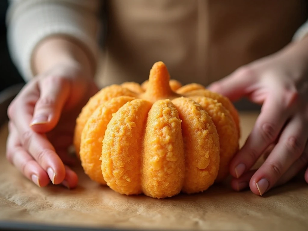 Shaping a soft pumpkin Rice Krispie treat with ridges
